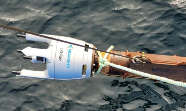 iXblue Gaps M5 USBL mobilized on survey vessel’s over-the-side pole, Ghost Gear survey